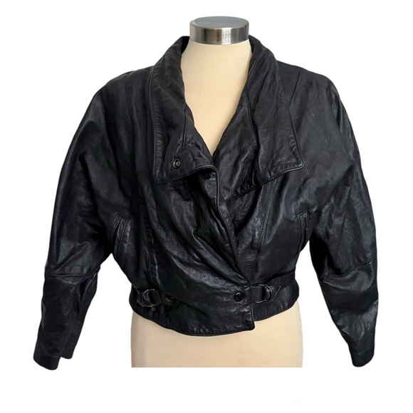Vintage 1980s Philip Noel Cropped Black Leather Boxy Jacket